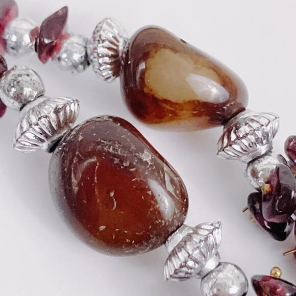 Vintage Brown Gemstone Agate Garnet Silver Tone Beaded Necklace 22" Boho Jewelry - Picture 3 of 16